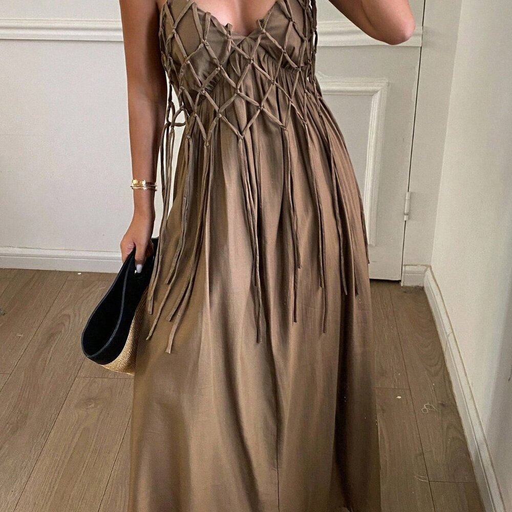 Brown Casual A-Line Women's Cami Maxi Dress with Drawstring Tassel - Picture 4 of 6